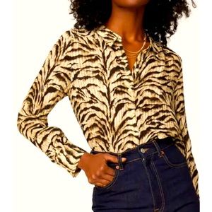 ba&sh BROWN TAN ANIMAL PRINT BUTTON DOWN LONG SLEEVE BLOUSE SIZE SMALL